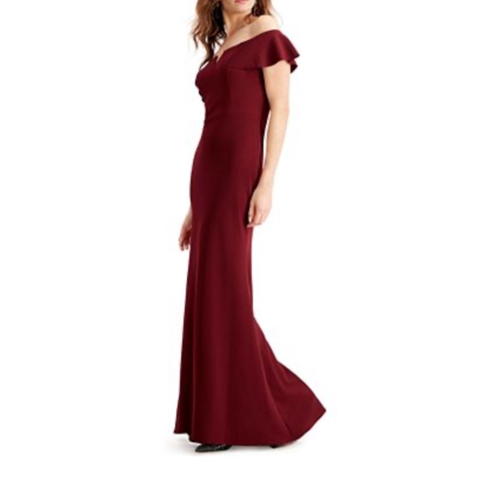 Off the shoulder red evening gown